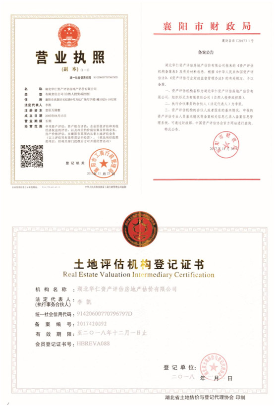 華仁資產(chǎn)評(píng)估房地產(chǎn)估價(jià)有限公司營業(yè)執(zhí)照、資產(chǎn)評(píng)估備案公告、土地評(píng)估機(jī)構(gòu)登記證書.jpg