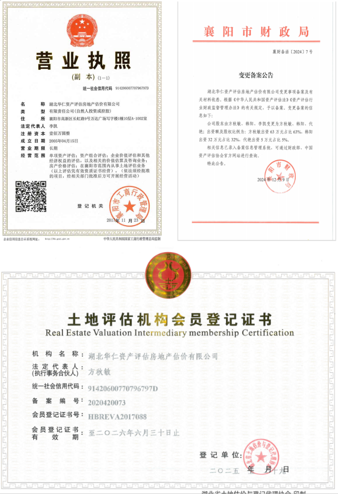 華仁資產(chǎn)評估房地產(chǎn)估價有限公司營業(yè)執(zhí)照、資產(chǎn)評估備案公告、土地評估機(jī)構(gòu)登記證書